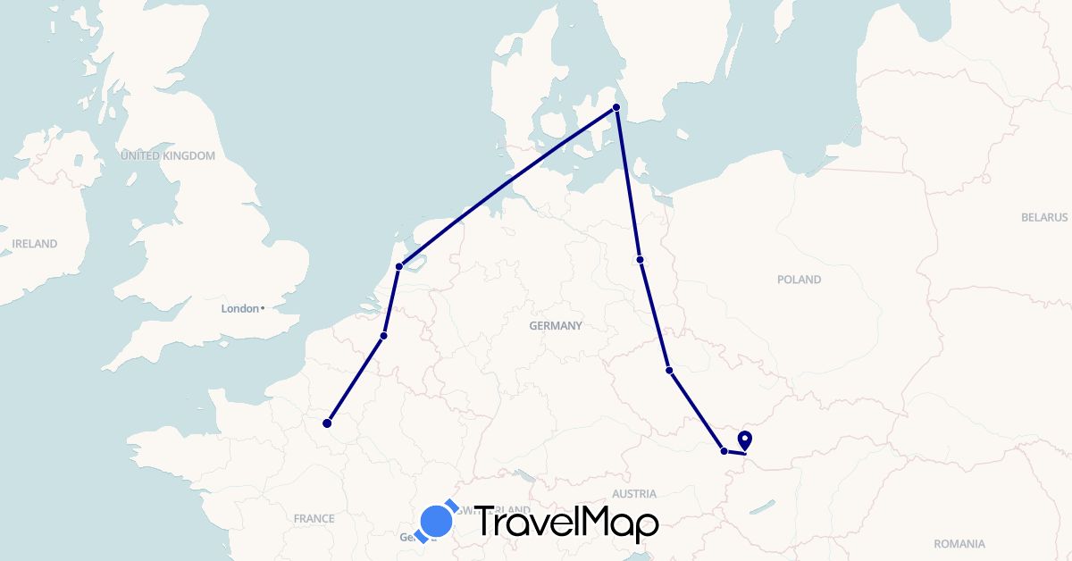 TravelMap itinerary: driving in Austria, Belgium, Czech Republic, Germany, Denmark, France, Netherlands, Slovakia (Europe)